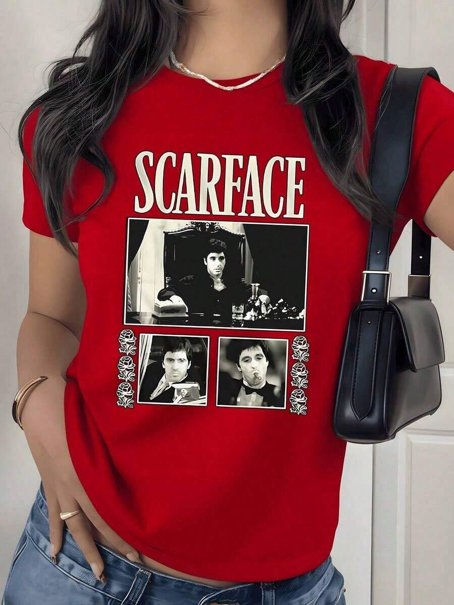 Camiseta con Estampado Gráfico de Escenas de Películas Retro, 180g, 1 Pieza, Estilo Casual para Mujer, 100% Algodón, Estilo Vintage Streetwear - Rojo - Ver 1