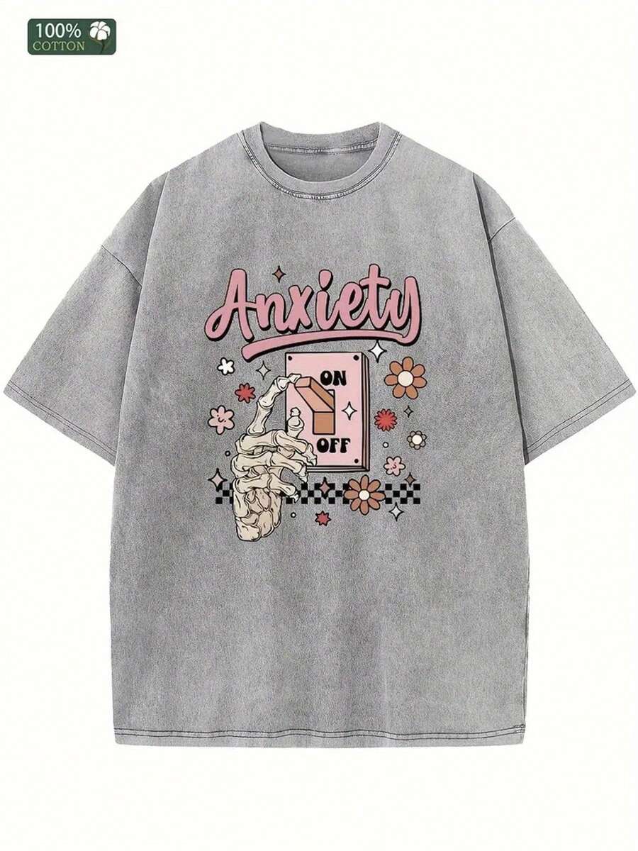 Unisex One-Piece T-Shirt With Anti-Anxiety Switch Design, Vintage Washed Cotton, Urban Casual Style, Round Neck, Comfortable For All Seasons, Machine Washable, Unique Anti-Anxiety Themed Design, Pink And Gray Details, Perfect Gift For Adults. - Gray - View 1