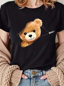 Divertida camiseta de oso de felpa diseño innovador casual algodón suave para mujeres y adolescentes en talla S a XL color negro camiseta de moda  2023 - Negro - Ver 8