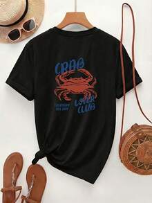 [Impresión a doble cara] Camiseta de mujer, top casual de manga corta y cuello redondo, con estampado de cangrejo rojo y texto azul "CRAB LOVER CLUB", tela transpirable y lavable a máquina, adecuada para un uso cómodo en todas las estaciones. - Negro - Ver 2