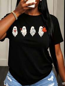 Camiseta Casual para Mujer con Estampado de Fantasmas, Corazones y Notas de Amor, Temática de Halloween y San Valentín, Diseño de Dibujos Animados para Uso Diario y Atuendos Festivos - Negro - Ver 6