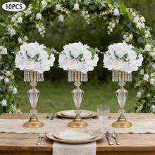 RainWeel 10 Pcs Flower Ball Arrangement Bouquets, 30*20cm Plastic Flowers Balls, Fake Rose Flower Ball For Wedding Centerpieces, Floral Ball Arrangement For Table Decor, Artificial Flower Table Centerpieces Decoration, Realistic Flowers Bouquet For Wedding, Party Event, Anniversary, Home Decoration (Champagne/White, Green) - 白色 - 查看 2