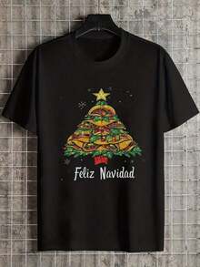 Camiseta Gráfica de Árbol de Navidad para Hombre - Diseño Festivo Español con Estampado Feliz Navidad, Camiseta Casual de Manga Corta con Cuello Redondo para Uso Durante Todo el Año, Todas las Tallas (2) playeras de mujer - Negro - Ver 1