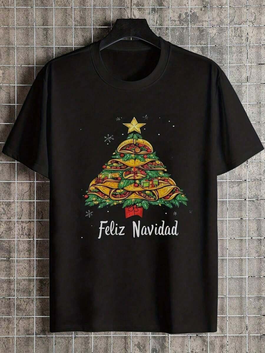Camiseta Gráfica de Árbol de Navidad para Hombre - Diseño Festivo Español con Estampado Feliz Navidad, Camiseta Casual de Manga Corta con Cuello Redondo para Uso Durante Todo el Año, Todas las Tallas (2) playeras de mujer - Negro - Ver 1