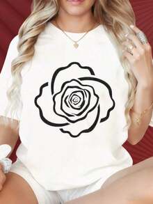 Camiseta Gráfica Rosa Negra para Mujer, Top Casual de Manga Corta, Diseño de Moda Urbana, Ropa de Verano, Adecuada para Reuniones Familiares, Fiestas de Navidad, Actividades Deportivas, Fiestas de Vacaciones, Salidas, Deportes y Otros Regalos Festivos. Adecuado para reuniones familiares, fiestas navideñas, actividades deportivas, fiestas de vacaciones, salidas, deportes y otros regalos navideños. - Blanco - Ver 4