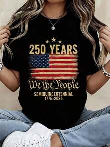 Camiseta Casual Blanca para Mujer con Estampado de la Bandera Americana "250 Años Nosotros, el Pueblo" 1776 2026, Ropa Patriótica para Celebración del Día de la Independencia, Eventos del 4 de Julio y Días Festivos Nacionales. - Negro - Ver 7