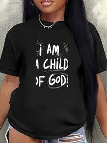 Camiseta de manga corta de poliéster con el mensaje religioso "Soy un hijo de Dios" impreso, ligera y duradera, adecuada para uso diario, en casa, en la iglesia o en salidas informales, con tecnología de impresión en tela.blusa casual mujer - Negro - Ver 7