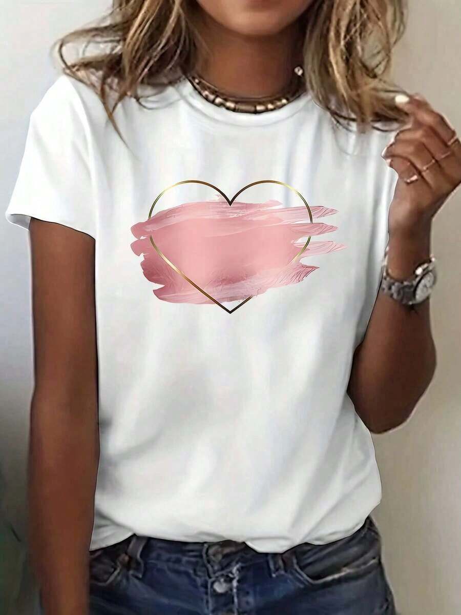 Diseño Casual: Una Camiseta Estampada con Motivo de Corazón, Una Blusa Casual de Manga Corta y Cuello Redondo para Mujer, Adecuada para la Moda de Primavera y Verano. - Blanco - Ver 1