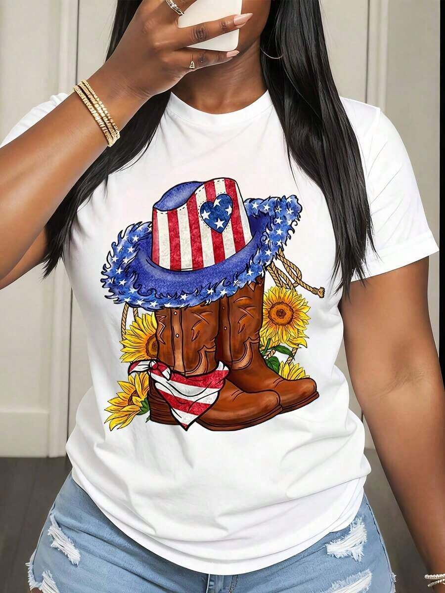 Camiseta de Mujer con Estampado Patriótico de Bandera Americana, Sombrero y Botas de Vaquero con Girasoles para Celebración del Día de la Independencia y Eventos al Aire Libre de Verano - Blanco - Ver 1