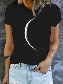 1 Piece Of Stylish Women's Letter Print T-Shirt - Comfortable And Casual Short-Sleeve Crew Neck Tee For Casual Outfits And Elegant Combinations. 180g 100% Cotton - 黑色 2 - 查看 9