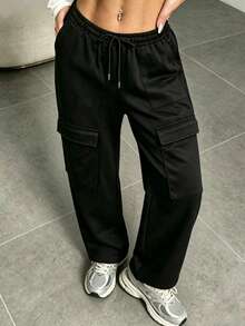 Women's Casual Solid Color Straight Leg Pants With Pockets, Suitable For Daily Wear Women's Spring/Summer Sports/Work Pants - Black - View 1