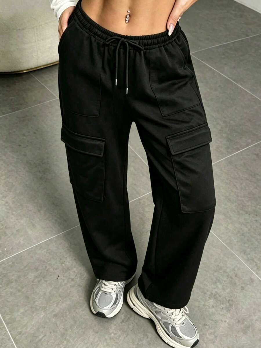 Women's Casual Solid Color Straight Leg Pants With Pockets, Suitable For Daily Wear Women's Spring/Summer Sports/Work Pants - Black - View 1