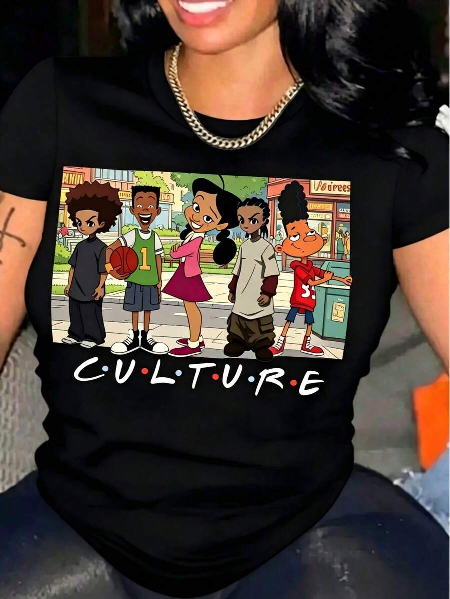 Oversize Women's Casual Cartoon Culture Graphic T-Shirt - Short Sleeve Crew Neck, Polyester, Machine Washable, Spring/Summer Top, Ladies T Shirts - 黑色 - 查看 1