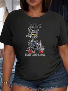 Playeras de mujer de algodón con estampado de gato y máquina de coser, camiseta gráfica para mujer, camiseta divertida con humor, top casual, atuendo de fiesta, ropa de . - Negro - Ver 4