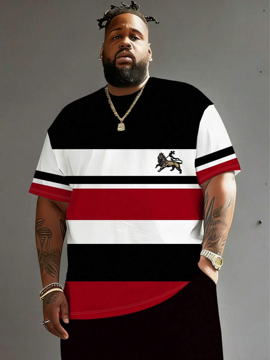 Plus Size Men's Casual Round Neck T-Shirt, Polyester Knit Fabric Comfortable & Breathable, Fashion Contrast Color Plaid Print, Casual Street Striped Plaid Contrast Color Patchwork Design Fresh Series, Creative Personalized Top - Black - View 1
