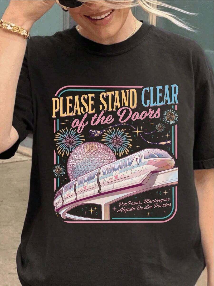 Oferta por tiempo limitado, cantidad limitada disponible, relámpago, camisas de mujer, camisetas de mujer Camiseta con estampado "Por favor, mantenga la puerta abierta", camiseta con cita clásica sobre el tráfico del monorraíl, camiseta familiar para viajes a parques temáticos, conjunto a juego para vacaciones, camiseta vintage inspirada en el tráfico. - Negro - Ver 1