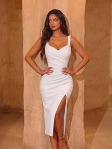ADYCE Plus Size Women's Solid Color Cocktail Dress, Ruched Bust Design, Deep Slit Up To Thigh, Suitable For Party Wear - White - View 6
