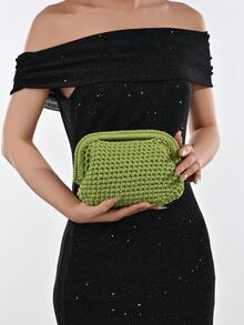 Cute Cloud Light Blue Chunky Knit Women's Handbag - Handmade Woven Gold Chain Handbag, Soft Cloud Texture Tote Bag, Daily, Beach, Travel, Brunch, Bohemian Style Women's Shoulder Bag - Green - View 2