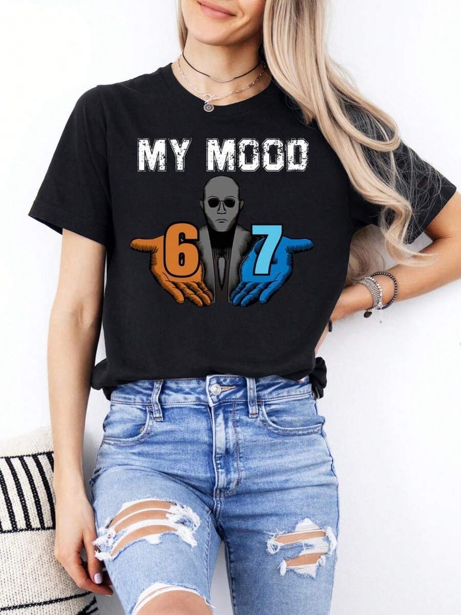 Camiseta unisex, Camiseta My Mood 67: Camiseta viral con meme de  - Humor de la Generación Z, ropa de mujer, blusas casuales para mujer, camisas para mujer, blusas para mujer, camisetas, estampado gráfico, agradable para la piel, retro de los 90, ropa urbana, camisetas casuales de moda. - Negro - Ver 1