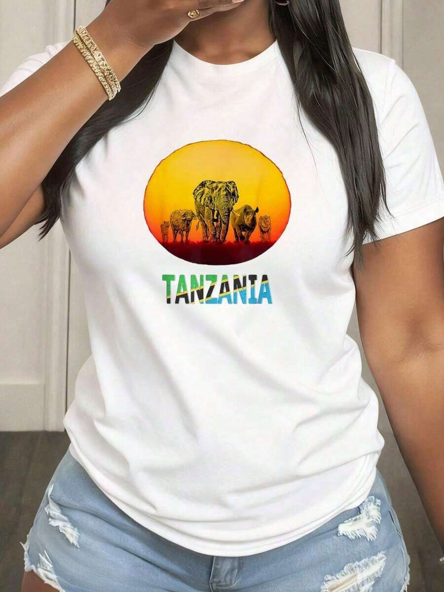New Big Five At Sunset Tanzania Pride Summer Casual T-Shirt - Unisex Vintage Urban Style, Cotton, Short Sleeve, Round Neck - 白色 4 - 查看 1