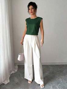 Conjunto de 2 piezas de top de cuello redondo elegante y pantalones plisados para mujer - Multicolor 4 - Ver 3