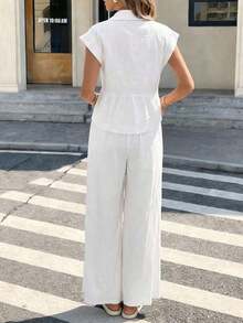 Just Masa Women's Elegant Solid Color Cotton 2-Piece Summer Casual Set, Includes Loose Short Sleeve Roll-Neck Blouse And Wide Leg Pants With Elastic Waistband, Suitable For Vacation, Travel, Work, Dates, Beach And Daily Wear - 黑色 - 查看 2
