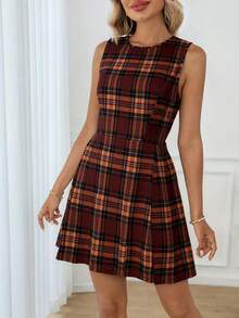 Vestido femenino sin mangas cuello redondo a cuadros rojo elegante - Rojo - Ver 9
