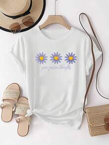 E012 [Nueva Camiseta de Manga Corta con Cuello Redondo y Estampado Floral] Top Deportivo Casual de Verano, Algodón Puro, Lavable a Máquina HNDL - Blanco - Ver 1