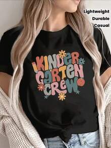 Camiseta negra de manga corta para jardín de infantes| Diseño floral colorido, ligero y duradero, perfecto para uso casual, actividades de ocio y uso diario. - Negro - Ver 1