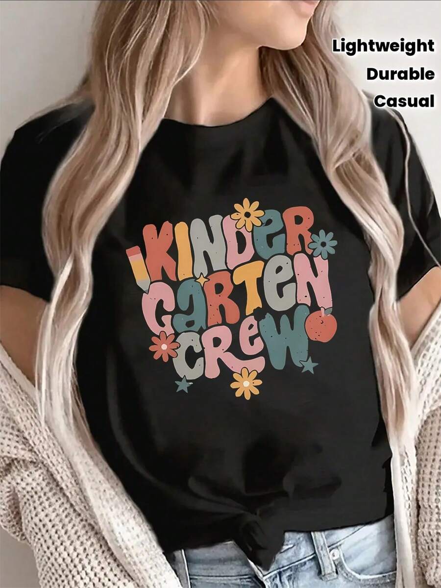 Camiseta negra de manga corta para jardín de infantes| Diseño floral colorido, ligero y duradero, perfecto para uso casual, actividades de ocio y uso diario. - Negro - Ver 1