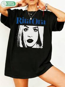 Rita Oraaa, britische Popsängerin, Schwarz-Weiß-Print-Porträt, Retro-Grafik, Baumwoll-T-Shirt, Unisex, lässiges Musik-Fan-T-Shirt für Männer und Frauen, Alltagskleidung. - Schwarz - Übersicht 1