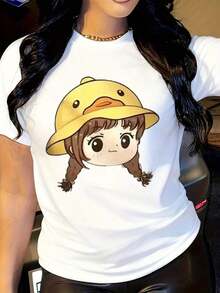 Camiseta de manga corta holgada 100% algodón para mujer - Estampado divertido de pato y sombrero de dibujos animados, cuello redondo informal, cómoda para todas las estaciones, lavable a máquina, diseño divertido. Adecuado como regalo.playera de mujer.blusas>elegante.boho chic,Top de mujer suave, transpirable y cómodo, ideal para primavera, verano y otoño, perfecto para vacaciones, viajes y uso diario. - Blanco - Ver 6