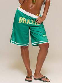 Shorts de tiro bajo estampado con gráficos de Brasil, de estilo primavera-verano, para festivales, fútbol, Copa Mundial, lindos y sexys, de uso casual - Negro - Ver 3