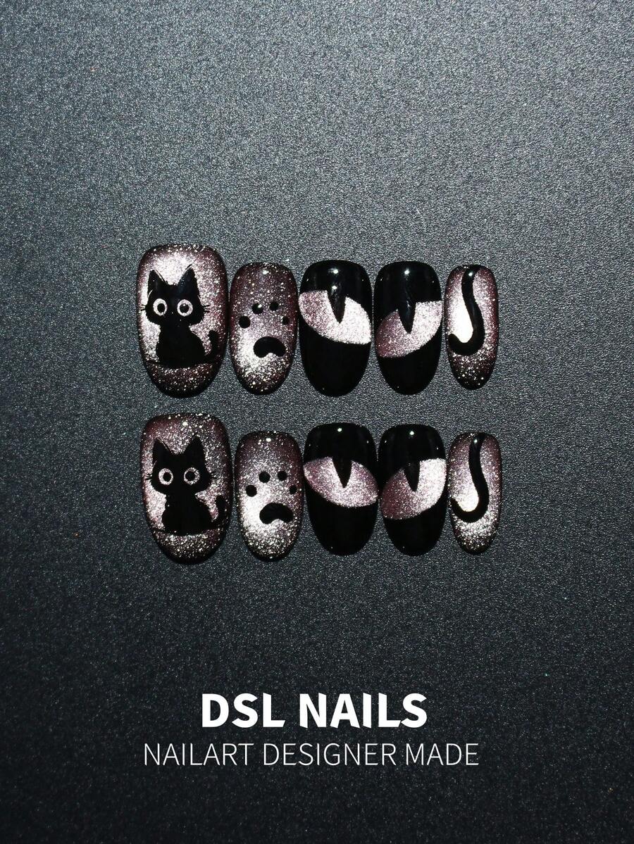 10 buah kuku tempel buatan tangan, desain mata kucing yang lucu, bentuk oval pendek. Gaya unik yang manis dan avant-garde, garis minimalis. Kuku akrilik yang dapat digunakan kembali, dilengkapi dengan kikir kuku, stiker, dan perlengkapan. Sempurna untuk pesta, pernikahan, pemakaian sehari-hari, dan sebagai hadiah untuk wanita. - Hitam - View 1