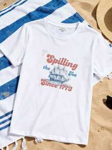 1 Piece "Spilling The Tea Since 1773" T-Shirt, Veterans T-Shirt, 4th Of July T-Shirt, T-Shirt, 4th Of July Hoodie, 180g 100% Cotton - 白色 3 - 查看 8