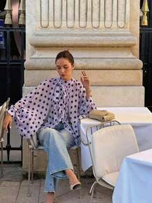 Fashionable Women's Shirt – Elegant And Casual – Sky Blue Polka Dot Print – Bow Tie, Lantern Sleeves, Loose Fit, Pleated And Semi-Sheer – Perfect For Summer - 粉色 - 查看 6