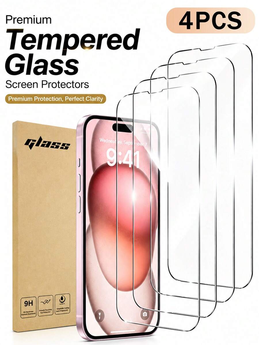 4pcs Ultra Durable Full Screen HD Tempered Glass Screen Protector, Compatible With 17/17Pro/17Air/17e/17Pro Max, 16/16Pro/16Plus/16Pro Max, 15/15Plus/15Pro/15Pro Max, 14/14Plus/14Pro/14Pro Max, 13 Mini/13/13Pro/13Pro Max, 12 Mini/12/12Pro/12Pro Max, 11/11Pro/11Pro Max. Anti-Scratch, Anti-Drop, Anti-Fingerprint, 9H Hardness, Easy Installation.