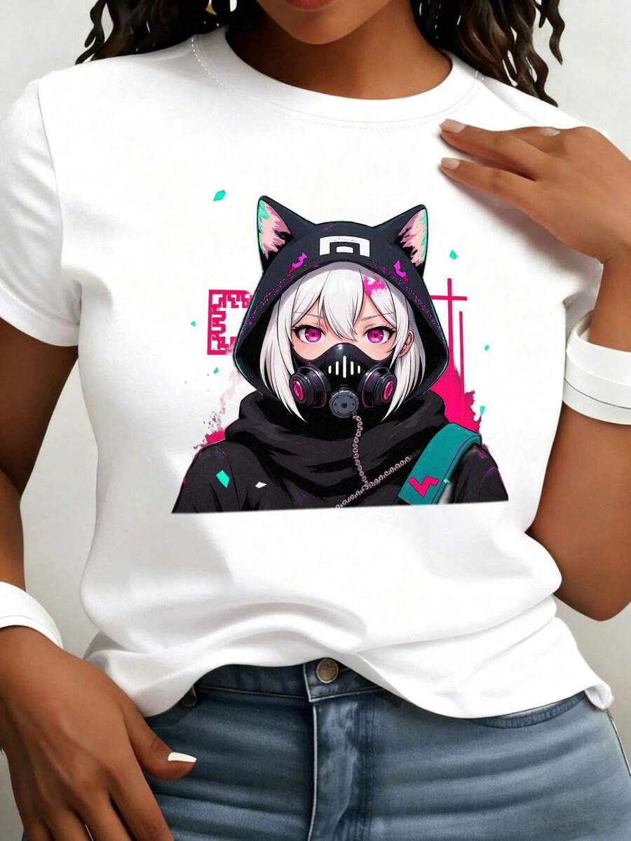 Una camiseta deportiva casual y a la moda para mujer, con estampado de una chica anime de estilo cyberpunk, de manga corta, sencilla, cómoda, versátil y elegante, adecuada para primaver - Blanco - Ver 1