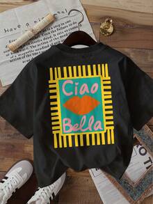 Playeras de mujer con estampado gráfico, camiseta de manga corta con cuello redondo, top casual para verano y primavera, ropa de mujer, blusas casuales para dama. - Negro - Ver 3