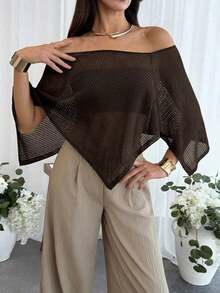 2026  Chal elegante de estilo bohemio para vacaciones de mujer, jersey holgado de punto sin hombros con bajo asimétrico, parte superior ligera de protección solar - Café integral - Ver 4