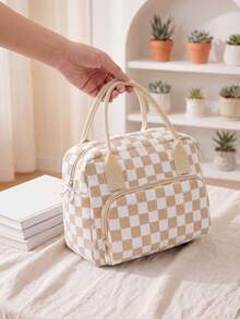 Insulated Lunch Bag For Women Men Waterproof Thermal Insulated Lunch Box Bento Pouch Dinner Insulation Bag Student Thickened – Cute Floral, Bow & Strawberry Print, Corduroy Lunch Tote With Handle & Zipper, Large Capacity Cooler Bag For Work, School, Picnic, Camping, Perfect Christmas Gift For Family, Friends, Teachers & Moms - 卡其色格子 - 查看 6