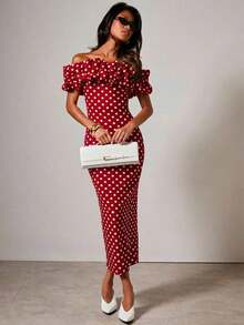 xheCOSMINA Vestido elegante de longitud media, ajustado, con hombros descubiertos y volantes con estampado de lunares para mujerxhe - Rojo - Ver 4