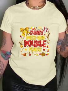 Camiseta de Mujer con Estampado de Sol y Doble Béisbol - Camiseta casual de manga corta y cuello redondo, con un diseño de béisbol y sol, lavable a máquina, adecuada para usar en verano y primavera, ideal para atuendos casuales diarios. - Blanco - Ver 8
