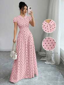 xheElenzga Vestido maxi elegante y vintage de estilo empresarial y casual para vacaciones, con estampado de lunares en blanco y negro, cuello vuelto, botones delanteros, hombros recogidos, mangas farol y falda acampanada, para primavera/veranoxhe - Rosa - Ver 7