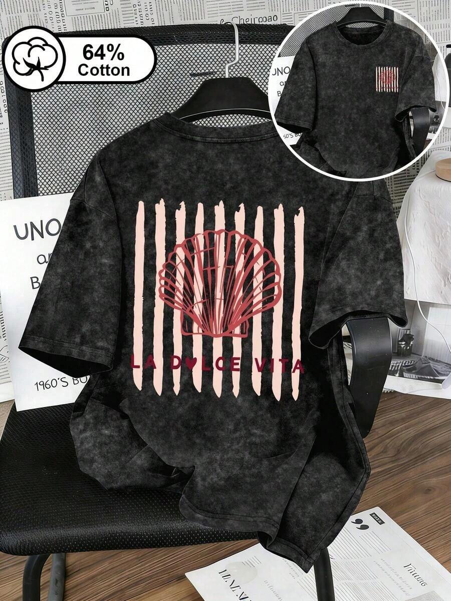 Camiseta para mujer talla grande, camiseta de manga corta casual de verano con estampado de concha vintage lavada "Sweet Life", estampado de concha italiano de doble cara, color negro - Negro - Ver 1