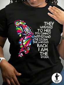 Women's Black T-Shirt With Vivid Butterfly And Inspirational Statement "They Whispered You Can't Withstand The Storm, She Whispered I Am The Storm"- Casual, Short Sleeve, Slightly Stretchy T - 黑色 - 查看 1
