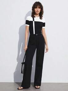 Blusa de punto para mujer, en bloque de color negro y beige, ajustada, versátil para el transporte urbano, casual de negocios, prenda exterior básica, atuendo elegante de mujer en otoño/invierno - Blanco y Negro - Ver 2