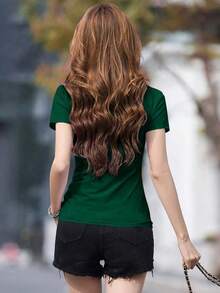 Camiseta casual de manga corta con cuello de mujer, unicolor, verano - Verde - Ver 2