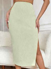Falda de talle alto unicolor tejido de canalé con abertura - verde menta - Ver 4