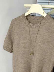 Suéter de punto de cuello redondo de manga corta para mujer, de unicolor casual para uso diario, jersey ligero minimalista y lindo, top de verano para mujer, conjunto de verano para mujer, suéter de punto de verano, top de verano adorable para mujer - Caqui - Ver 5